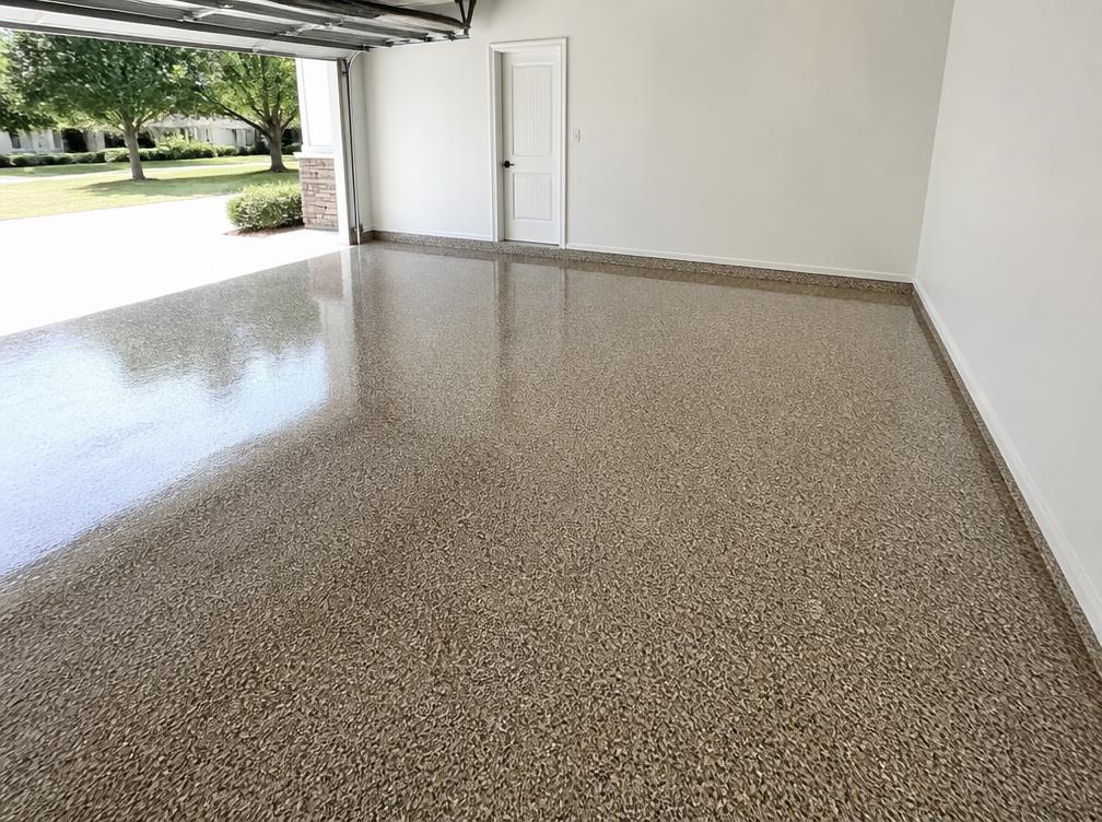 After: garage floor epoxy Wilmington DE with chip flake finish and gloss topcoat