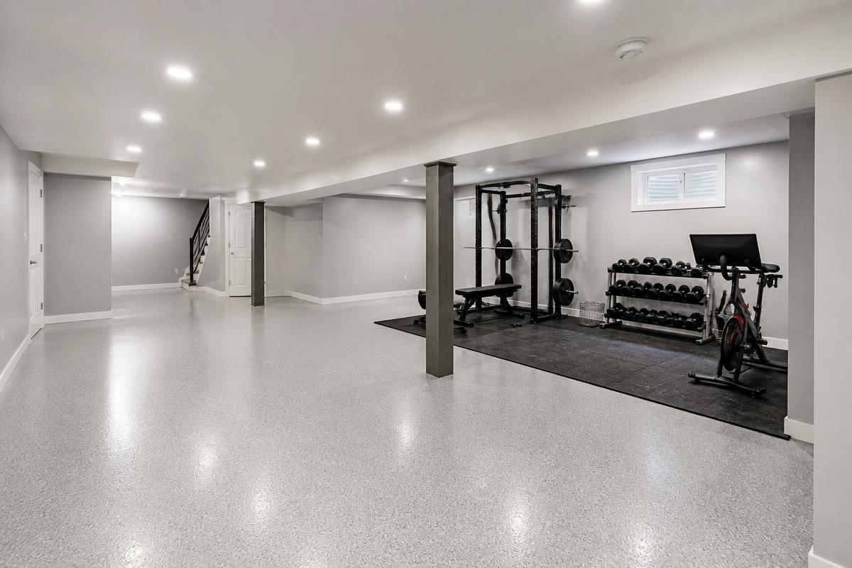 Basement floor epoxy in Wilmington DE finished as a bright home gym