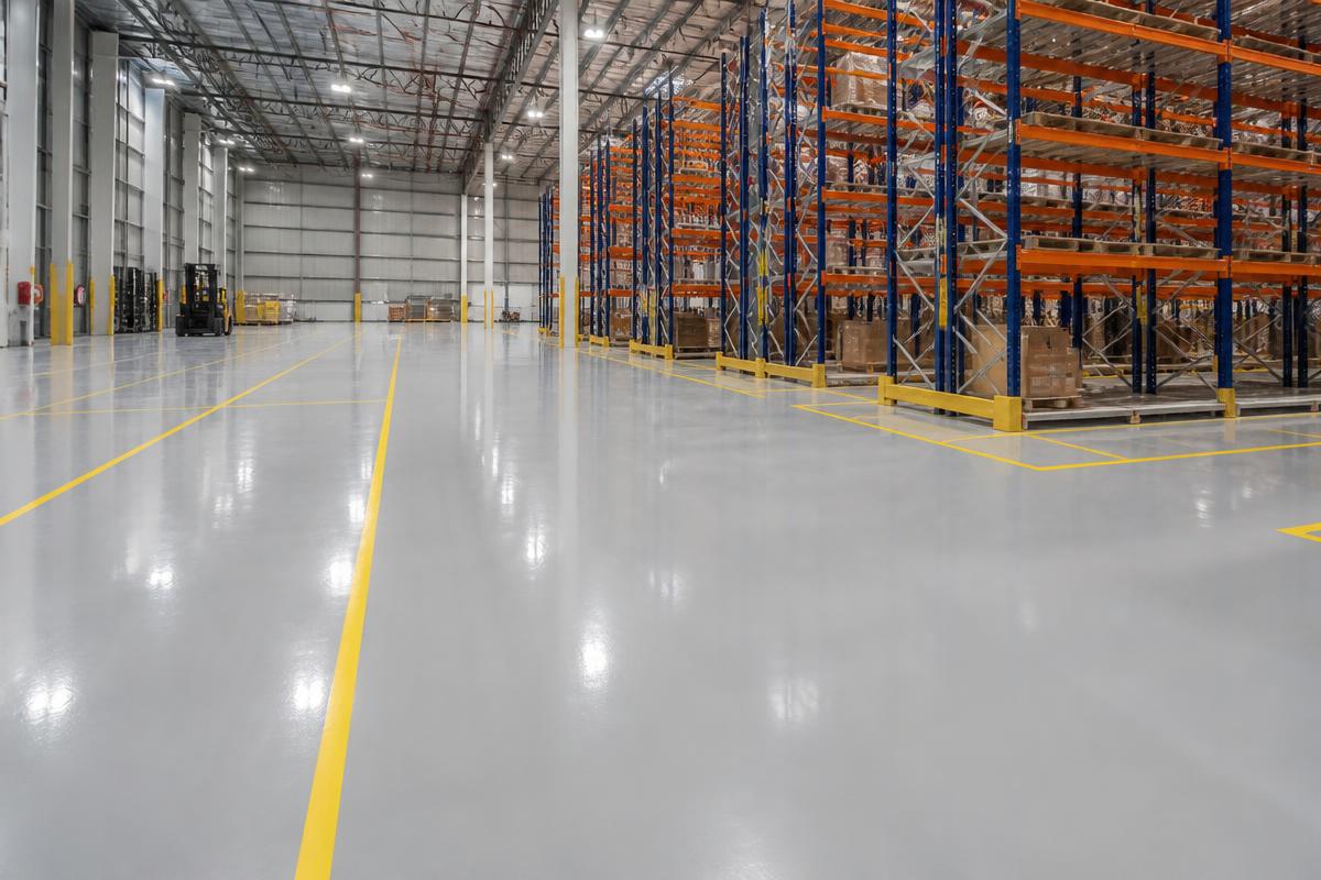 Commercial epoxy flooring in a Wilmington DE warehouse with striped seamless floor