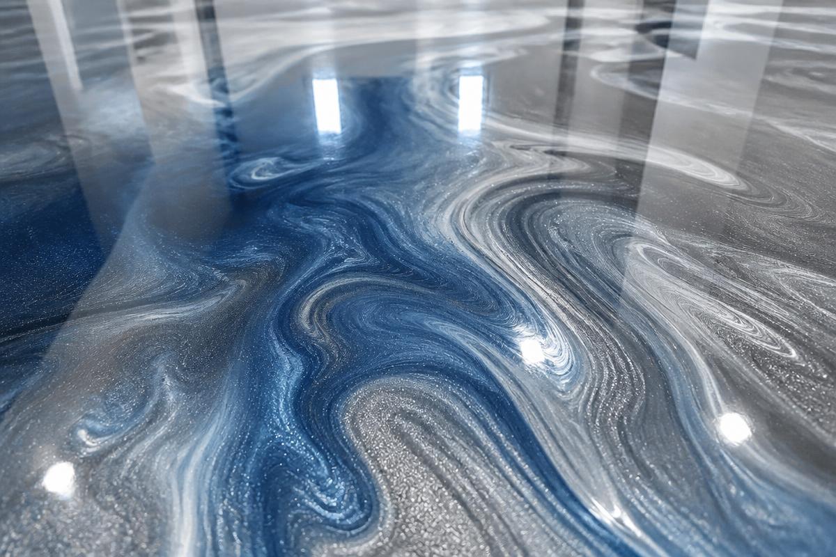 Metallic epoxy flooring Wilmington DE in blue and silver marble finish